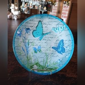 Blue Butterfly Botanical Canape or Glass Plate Shelf Decor by Notions